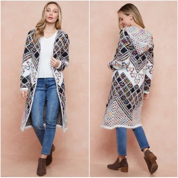 Cozy Rainbow Fuzzy Open Front Hoodie Cardigan - Picture 2 of 3